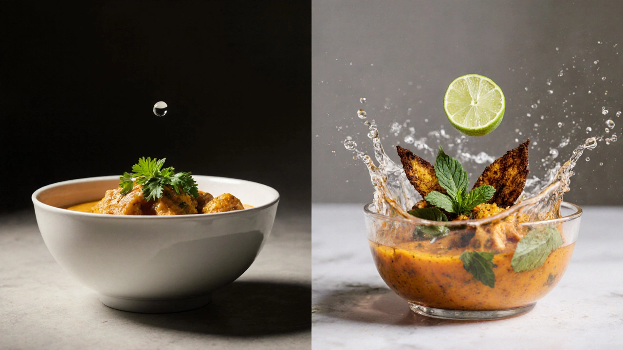 Side-by-side chicken curry bowls, one plain and one garnished with fresh herbs