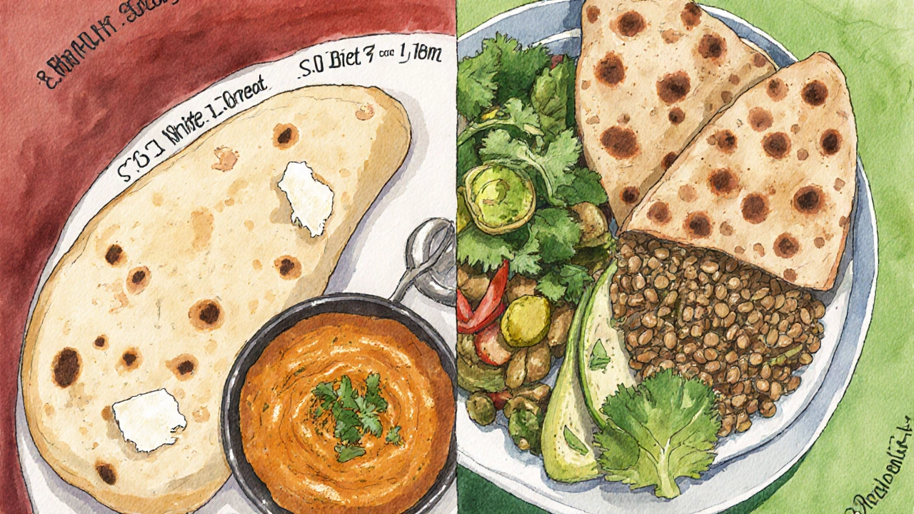 Split image comparing unhealthy buttered naan with healthy whole wheat naan and vegetables.