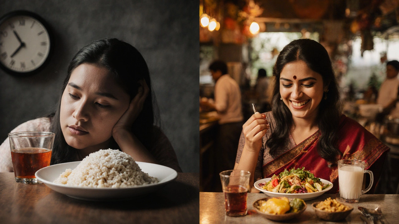 Split image: tired woman with sugary poha vs. energized woman eating balanced 30/30/30 breakfast.