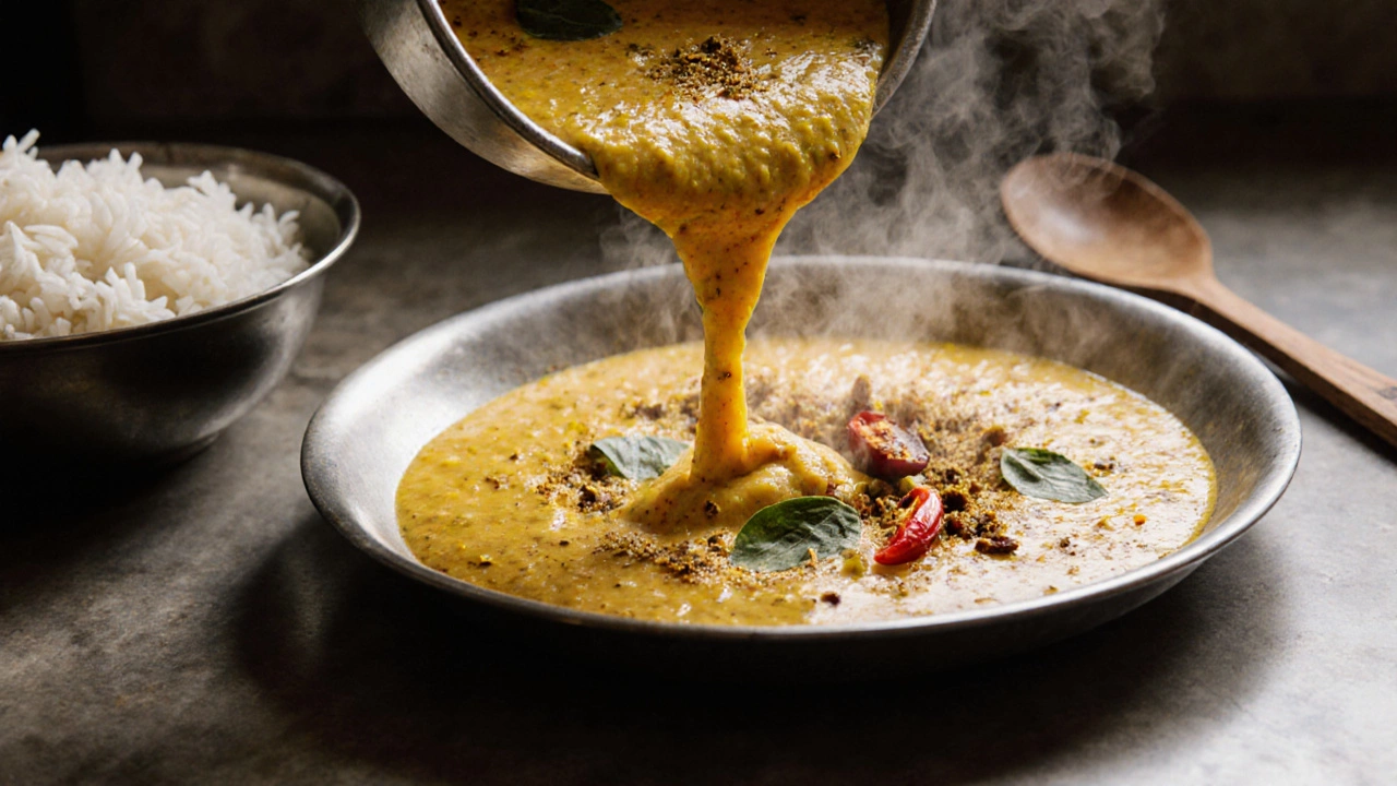 Steaming bowl of moong dal tadka served with rice in a traditional Indian meal setting.