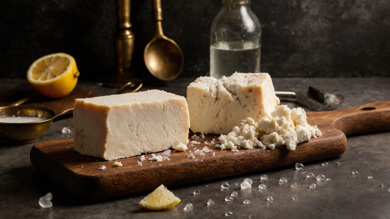 Two paneer blocks side by side: one firm and rich, the other crumbly and poor quality.