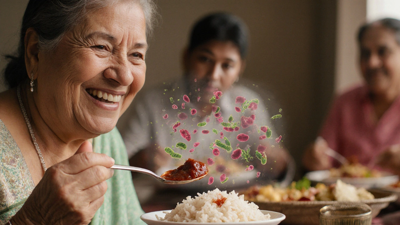 Woman adding homemade tamarind chutney to her rice, with probiotics visually flowing into her digestive system.