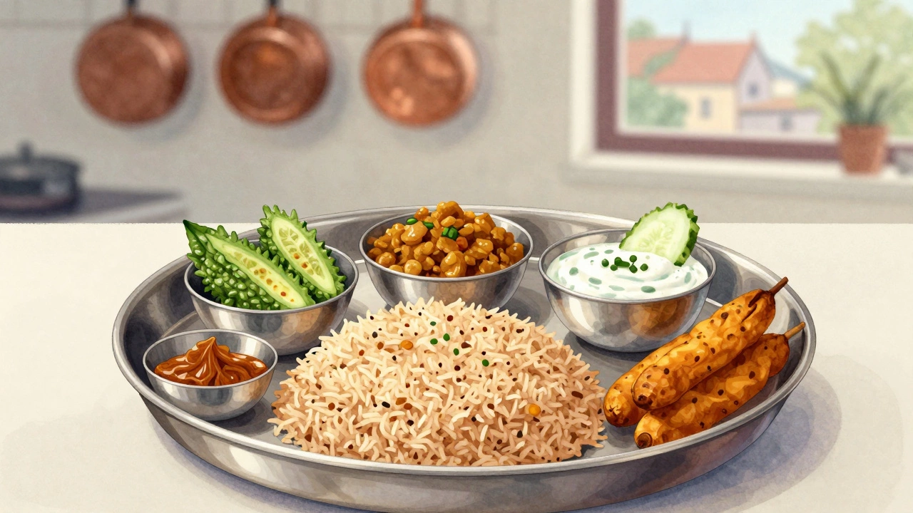 A balanced thali with lentils, vegetables, raita, pickle, and roasted chana arranged in classic Indian style.