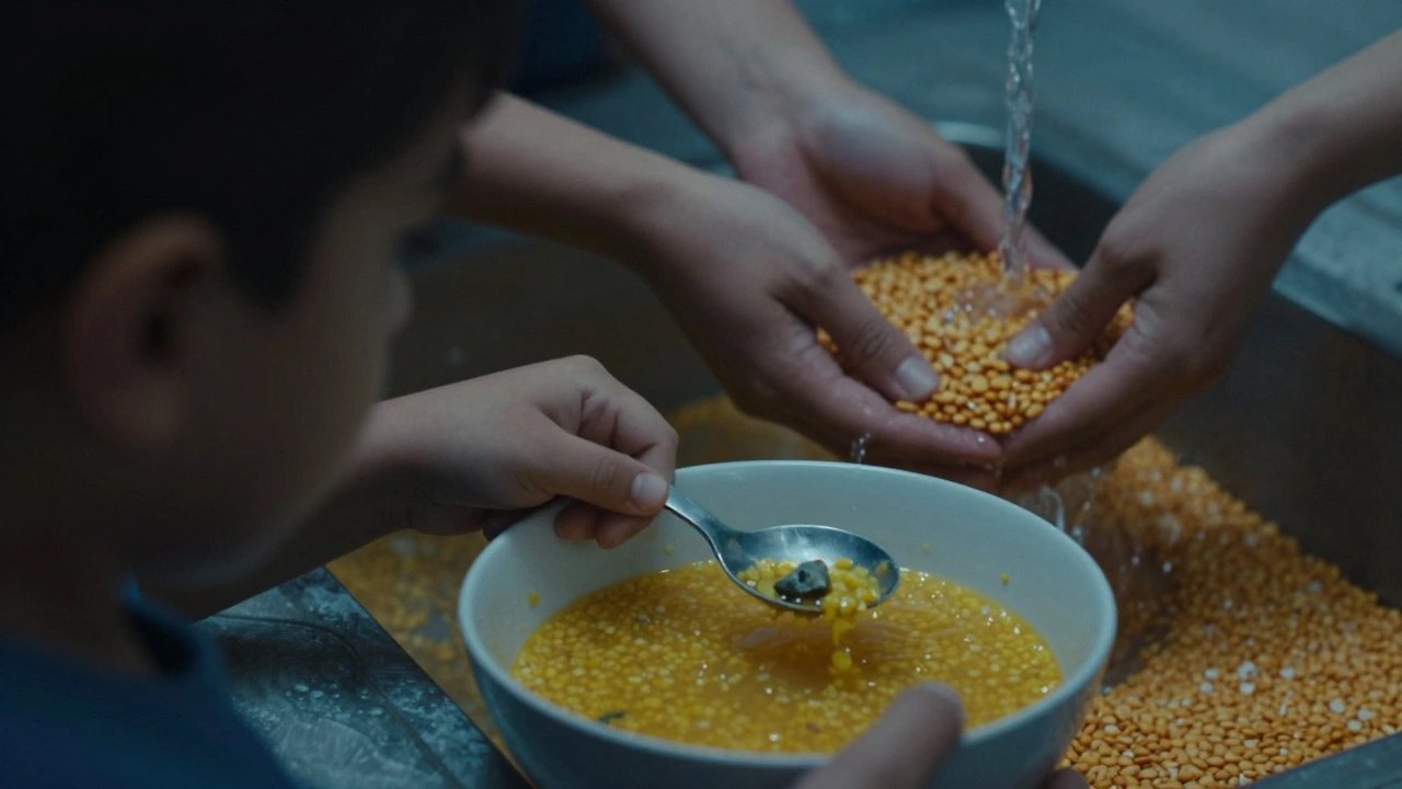 A child's spoon with a stone in dal, while a mother rinses lentils in the background.