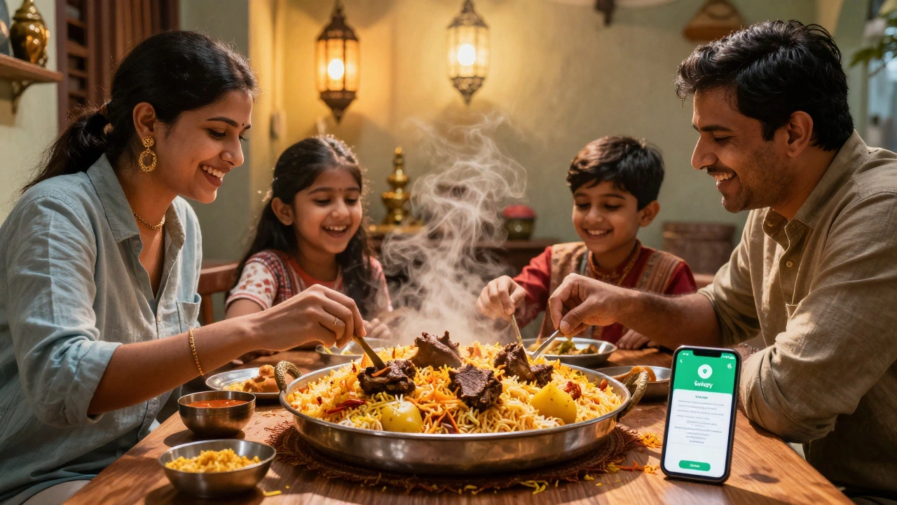A family in Delhi shares biryani from a metal thali, steam rising, phone showing a food delivery app on the table.