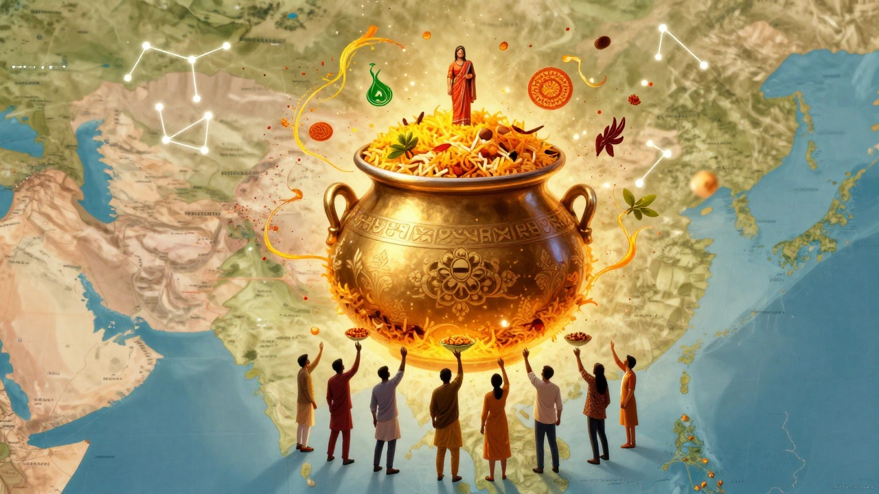A golden biryani pot hovers over India, with people from different cities taking portions that turn into cultural symbols.