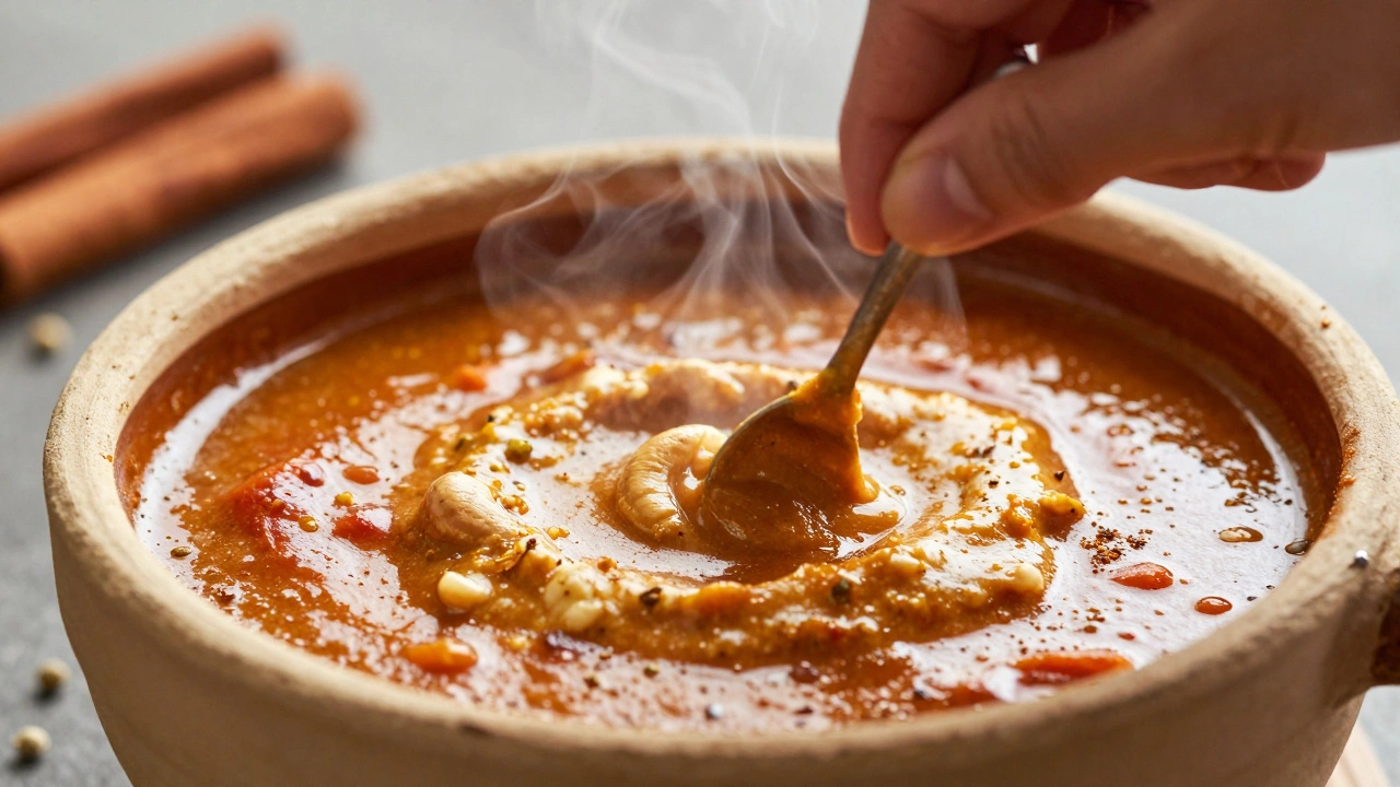 A hand stirring creamy curry with cashew paste in a clay pot.