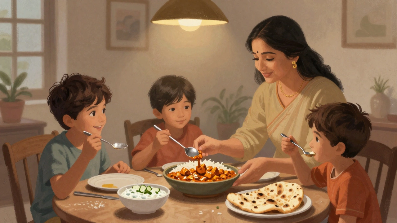 A mother serving creamy paneer curry to her children at a family dinner.