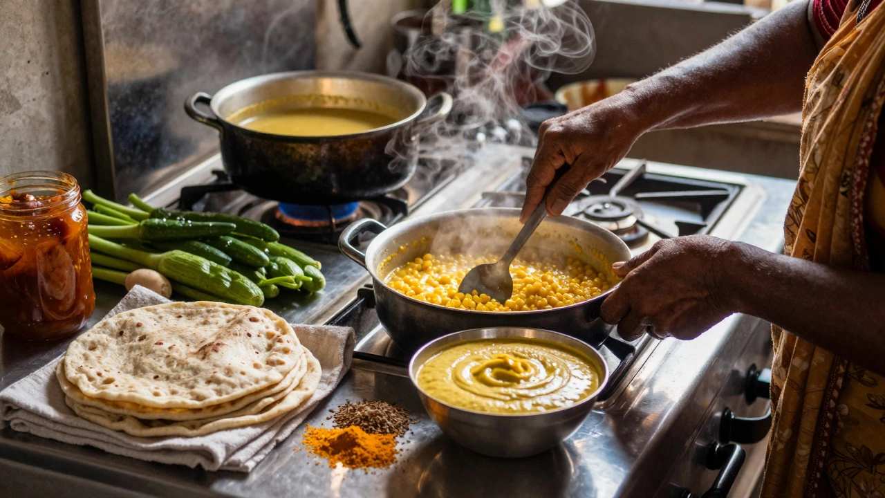 A woman cooking dal in a kitchen with whole wheat rotis and fermented batter nearby.