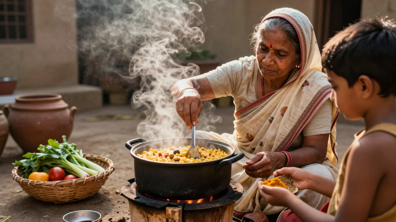 An elderly woman cooking khichdi on a wood stove, adding spices, with sunlight streaming through a courtyard.