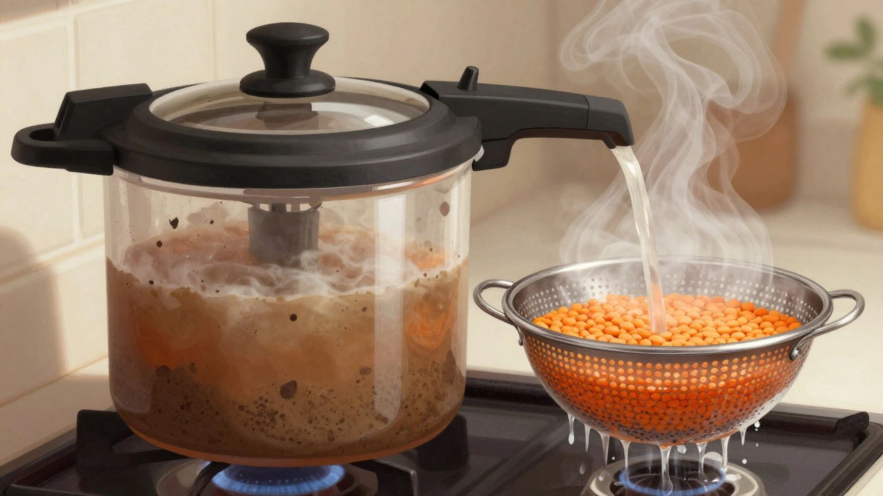 Cloudy dal in a pressure cooker next to clean rinsed lentils dripping in a colander.