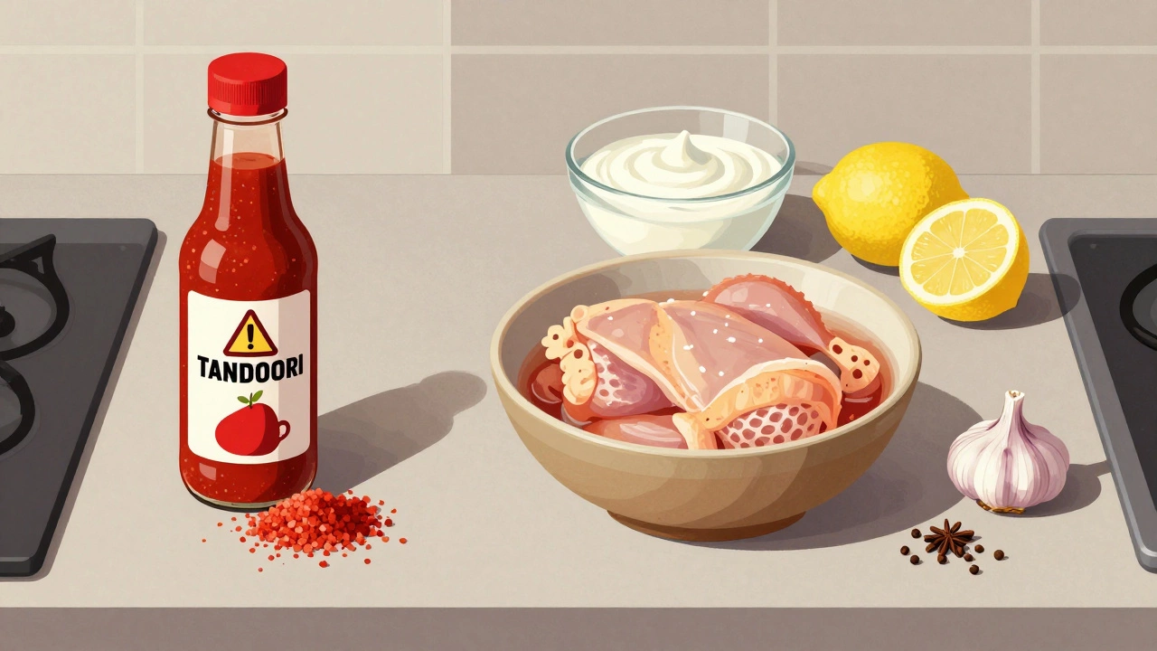 Contrast between sugary store-bought marinade and fresh spices for diabetic-friendly tandoori chicken.