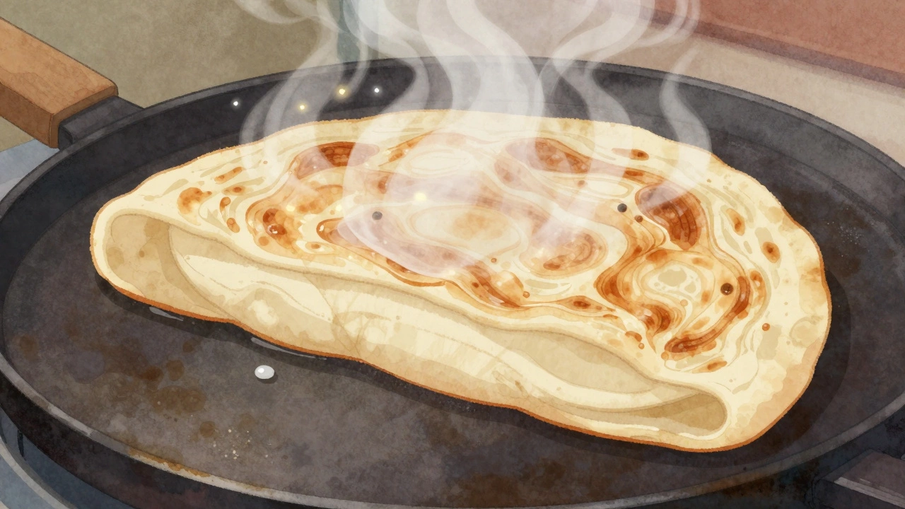Cross-section of a roti showing steam expanding between dough layers during even cooking.