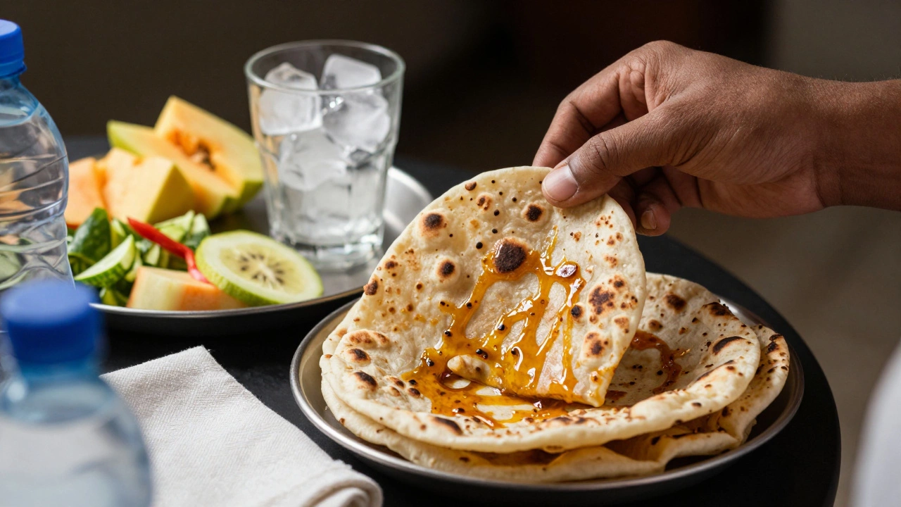 Hand eating safe paratha while risky foods like ice and raw salad remain untouched in the background.