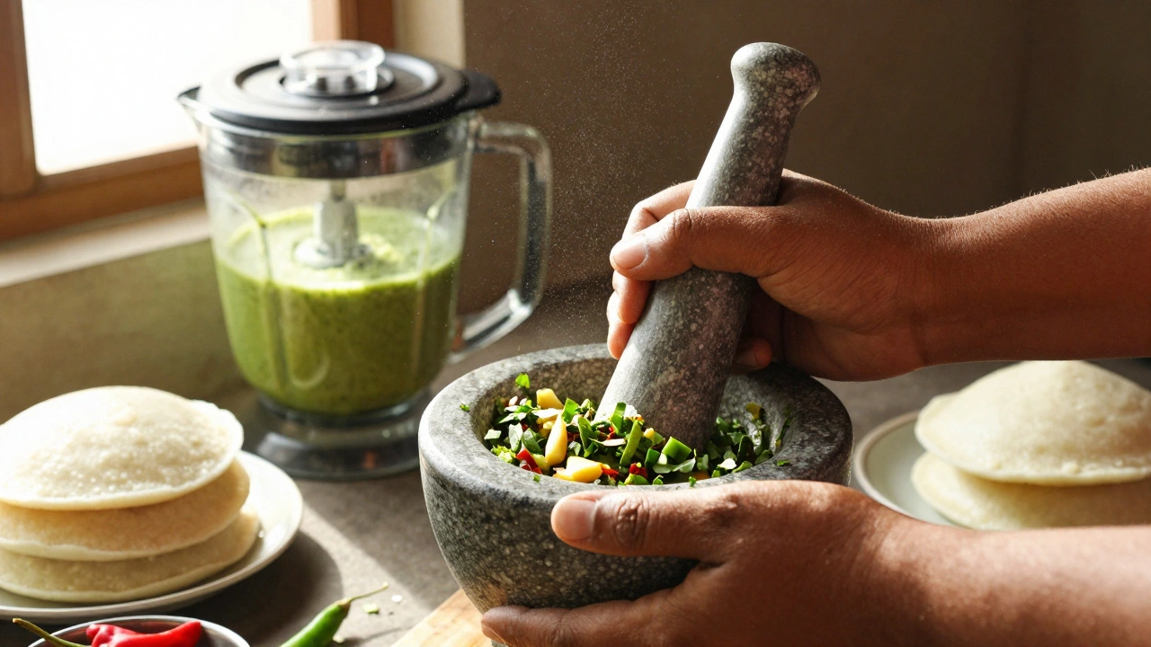 Hand using mortar and pestle to make chunky chutney, with fresh herbs and spices nearby.