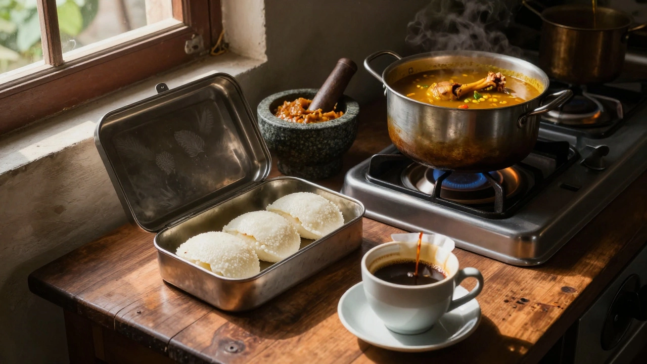 Indian kitchen with idlis, sambar, and filter coffee on a wooden table in morning light.