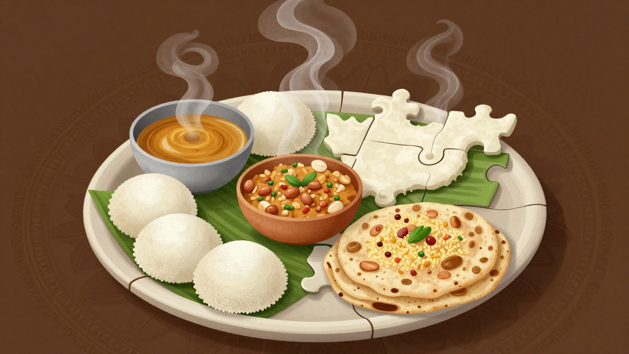 Mosaic of regional Indian breakfasts forming one plate, connected by swirling steam.