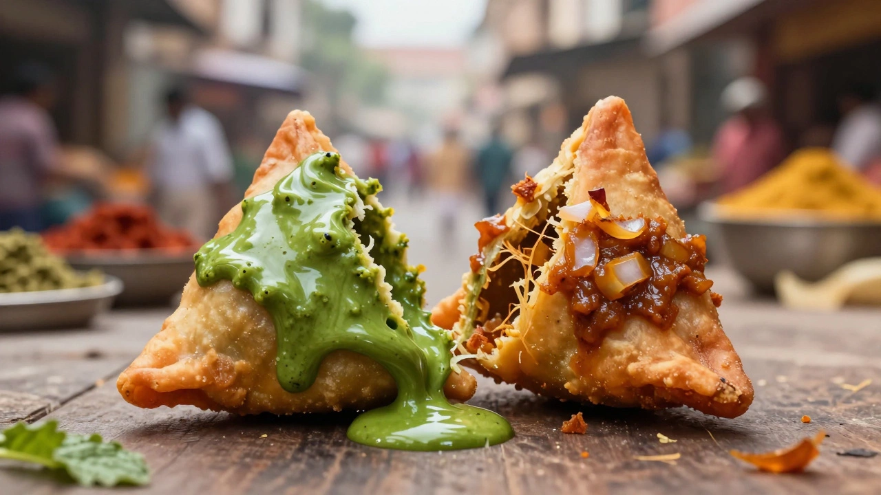 Samosa split open, showing smooth chutney on one side and chunky chutney on the other.