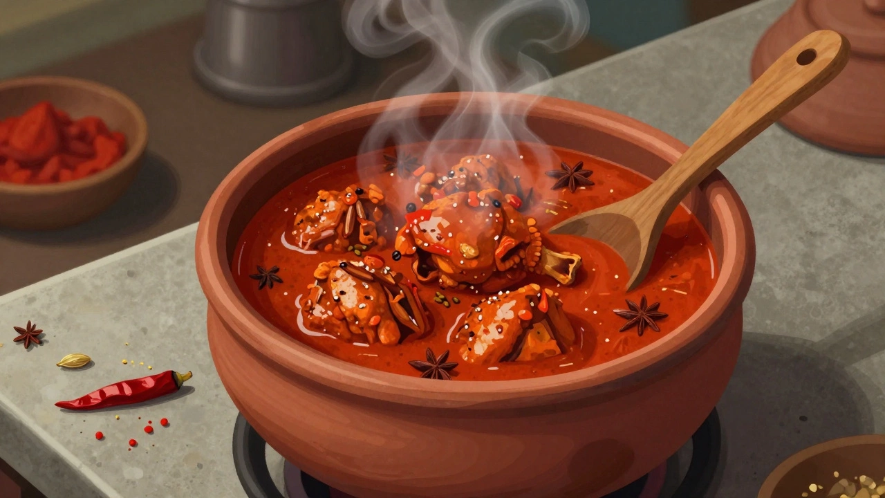 Simmering chicken curry in a clay pot with rich red gravy and floating whole spices.