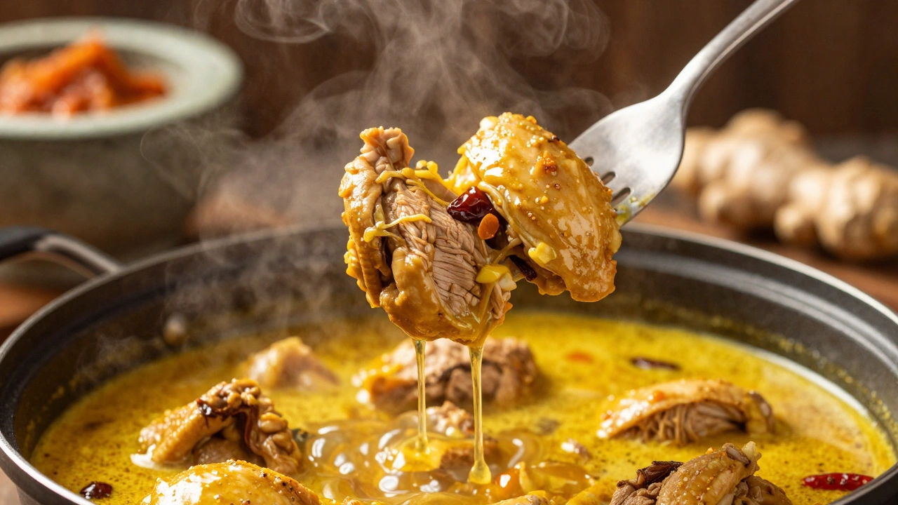 Tender chicken pulling apart easily from a flavorful curry with juices dripping down.