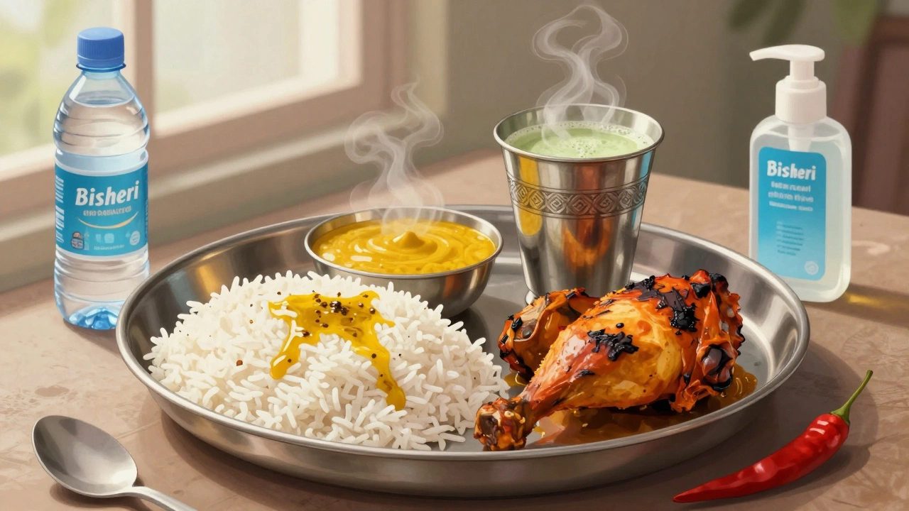 Traditional Indian thali with safe dishes: rice, dal tadka, tandoori chicken, and chaas, beside sealed bottled water.