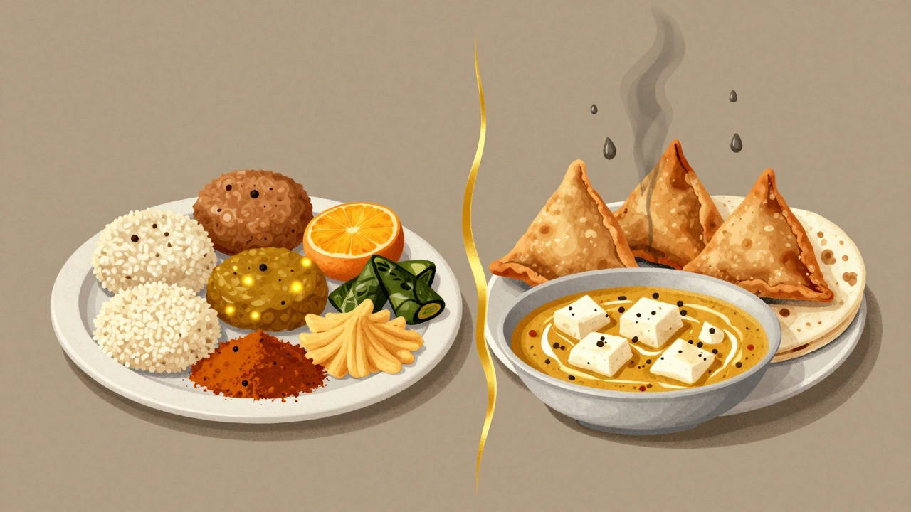 Two contrasting vegetarian plates: healthy whole foods vs. fried and sugary processed foods.