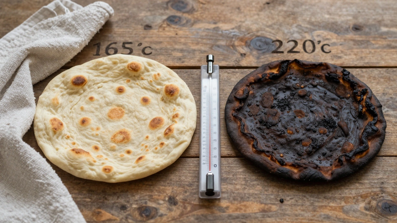 Two rotis side by side: one perfectly puffed, the other burnt, with temperature indicators.
