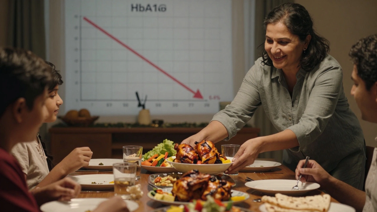 Woman serving tandoori chicken to family, HbA1c improvement shown subtly in background.