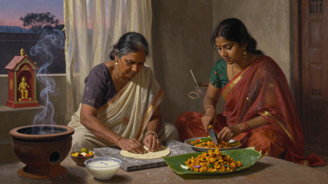 A family preparing a traditional Indian vegetarian meal at home with roti dough, vegetables, and incense in soft twilight.