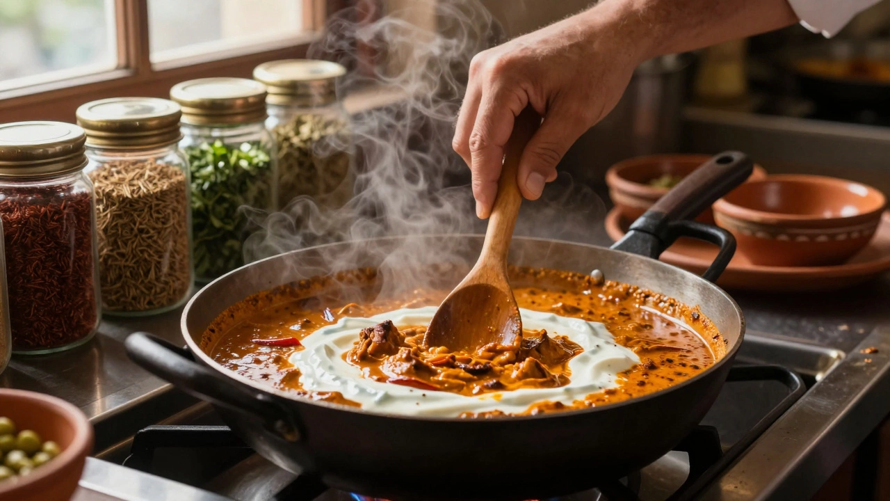 Chef stirring tandoori sauce with Greek yogurt in a traditional Indian kitchen