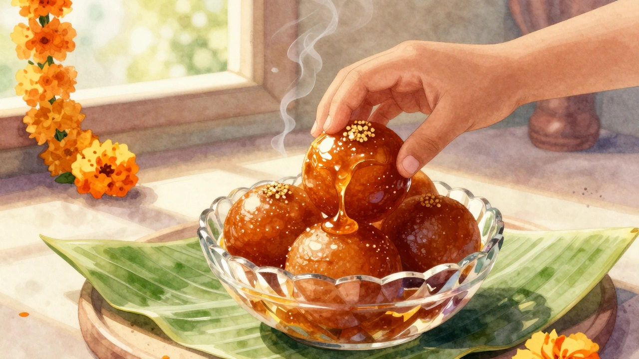 Child's hand reaching for a syrup-dripping gulab jamun on a banana leaf