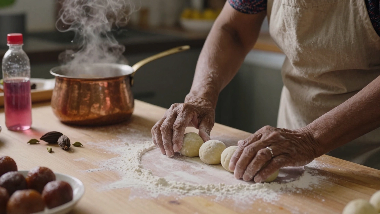 Elderly woman rolling gulab jamun dough in a warm kitchen with syrup simmering nearby