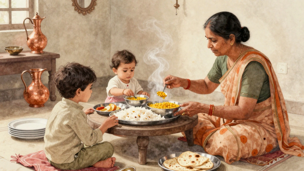 Family sharing a meal of dal and rice in a warm, traditional Indian home.