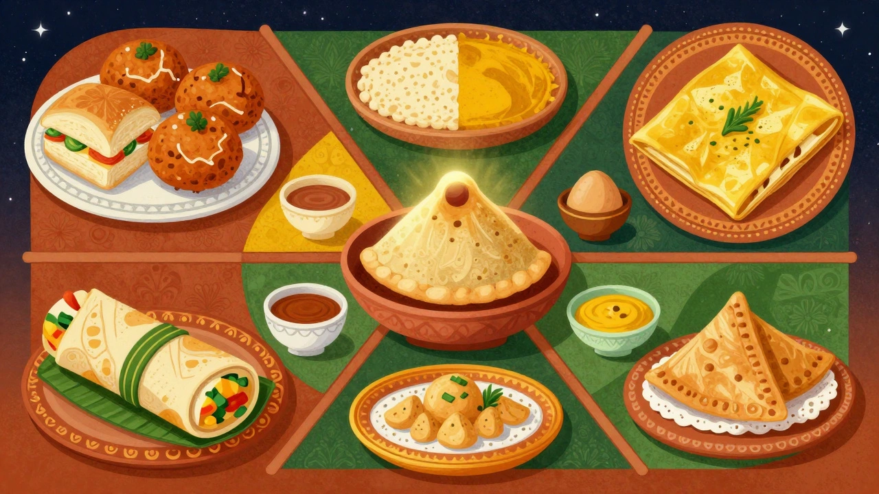 Folk-art mosaic of India's regional street foods, each dish represented by color and texture in a circular design.