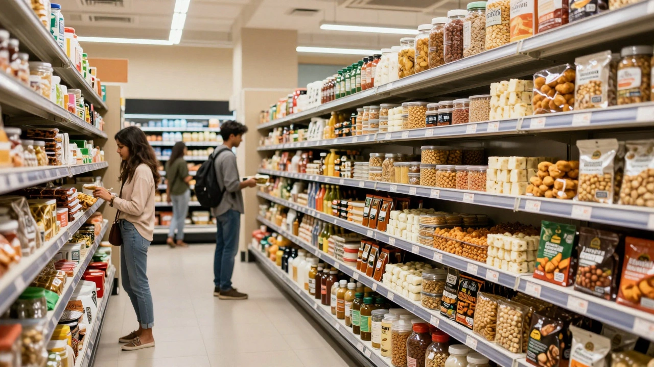 Grocery shelf in Bengaluru showing traditional lentils and modern plant-based meat alternatives.
