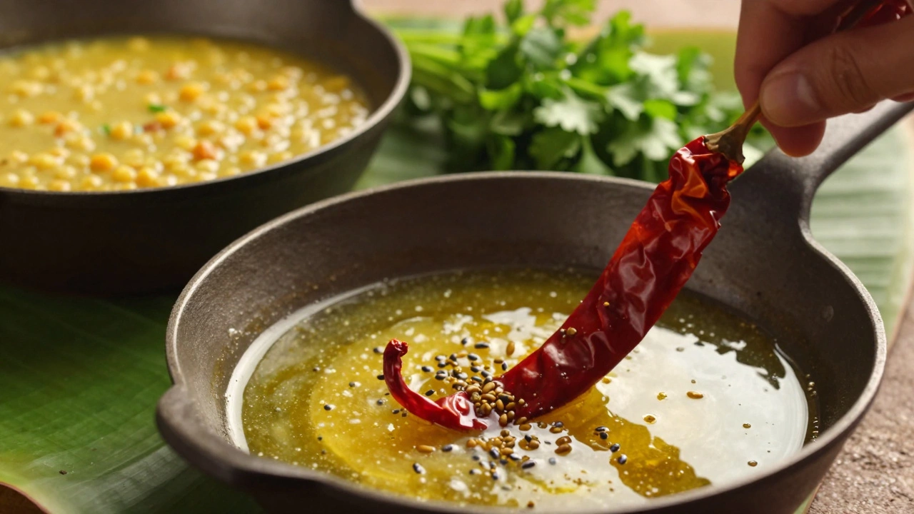 Hot ghee sizzling with cumin and chilies over a pot of simmering masoor dal.