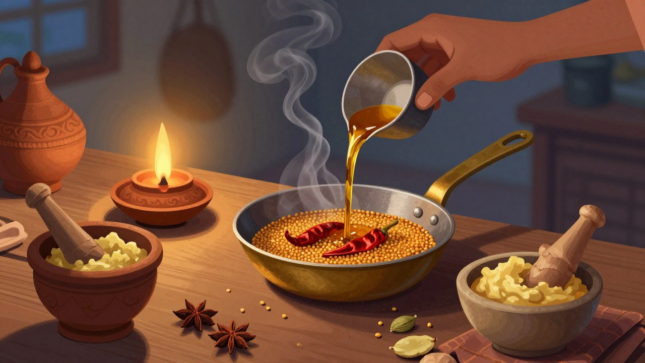 Hot oil sizzling with mustard seeds and chilies in a brass pan, spices nearby.