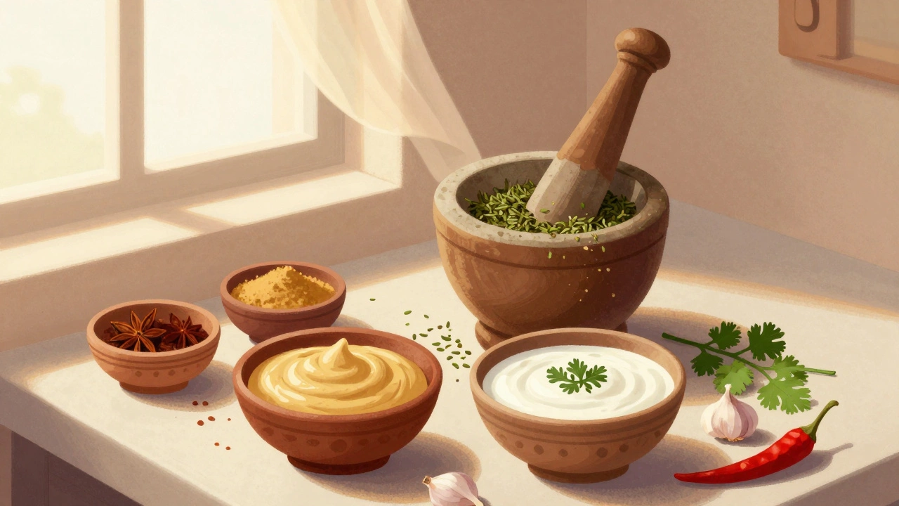Indian kitchen scene with yogurt, spices, garlic, ginger, and crushed fenugreek leaves on a wooden counter