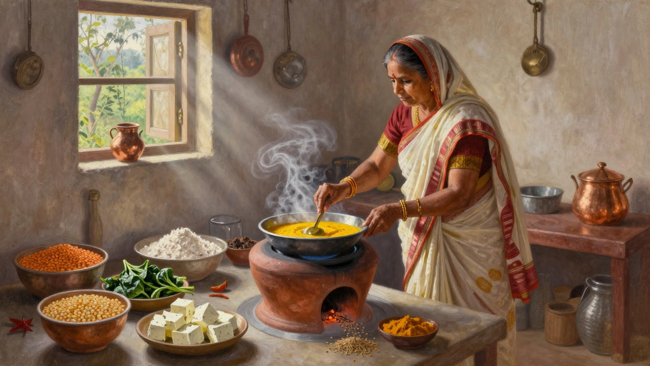 Rural Rajasthani kitchen at dawn preparing dal and sabzi with traditional spices and clay stove.