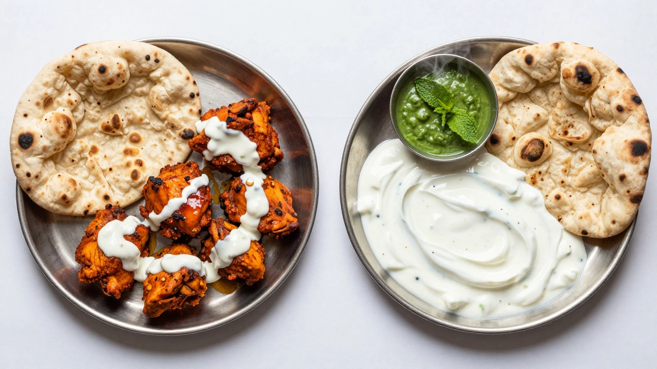 Side-by-side plates of tandoori chicken with sour cream vs. Greek yogurt