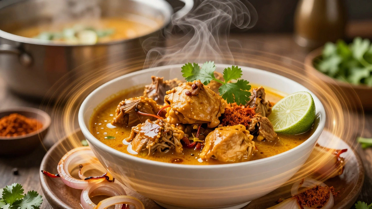 Steaming chicken curry with fresh cilantro and lime, flavor layers glowing around it.