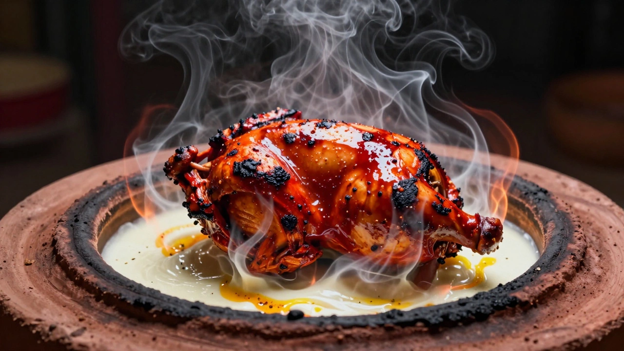 Tandoori chicken with charred crust emerging from a clay oven, smoke swirling around it