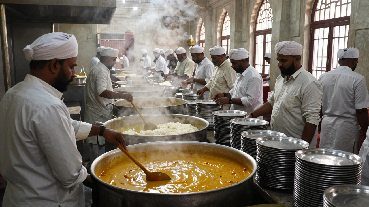 Volunteers in a temple kitchen preparing meals for hundreds of pilgrims with large cauldrons of lentil curry and rice.
