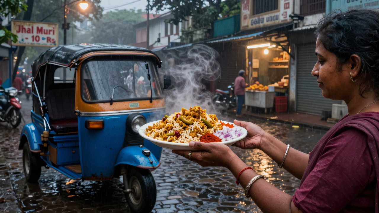 Woman serving jhal muri in Kolkata, puffed rice in a paper plate under a rainy evening streetlamp.