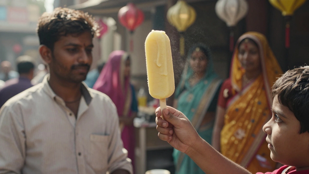 A child reaching for a traditional kulfi stick from a street vendor in Delhi, no packaging.