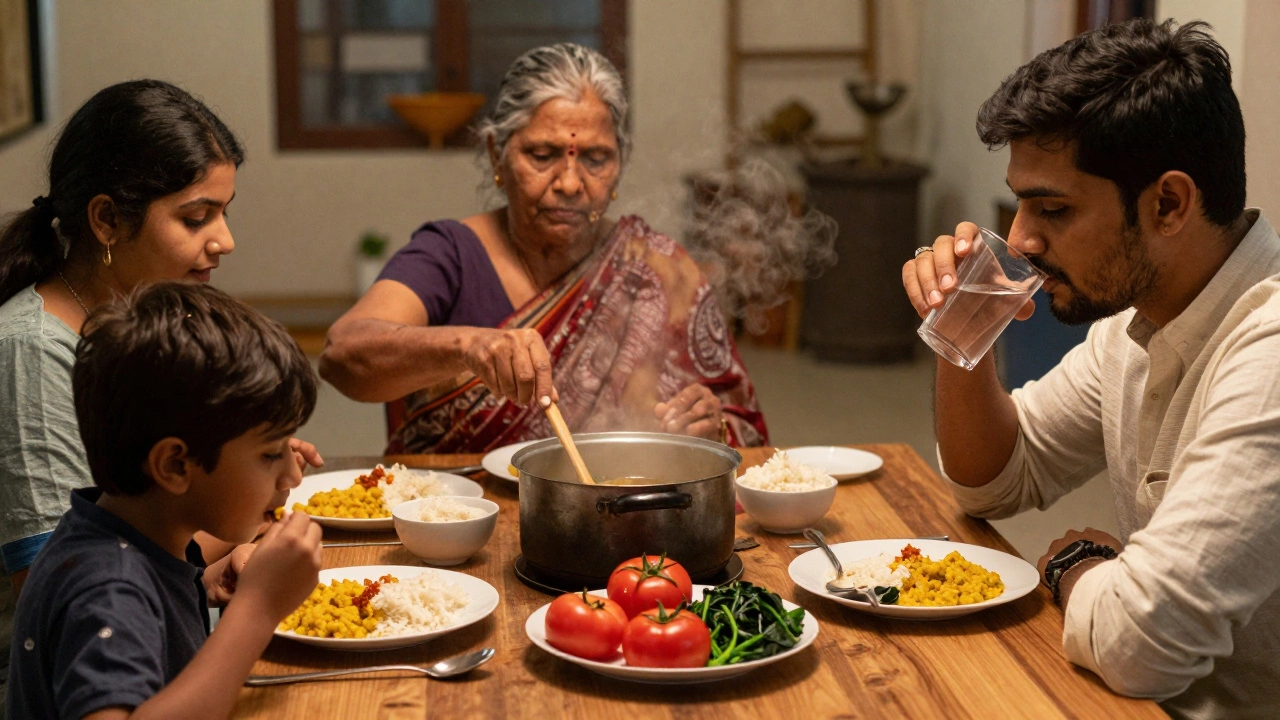 A family enjoying a meal of dal with rice and vegetables, showing generations sharing food in a warm home setting.