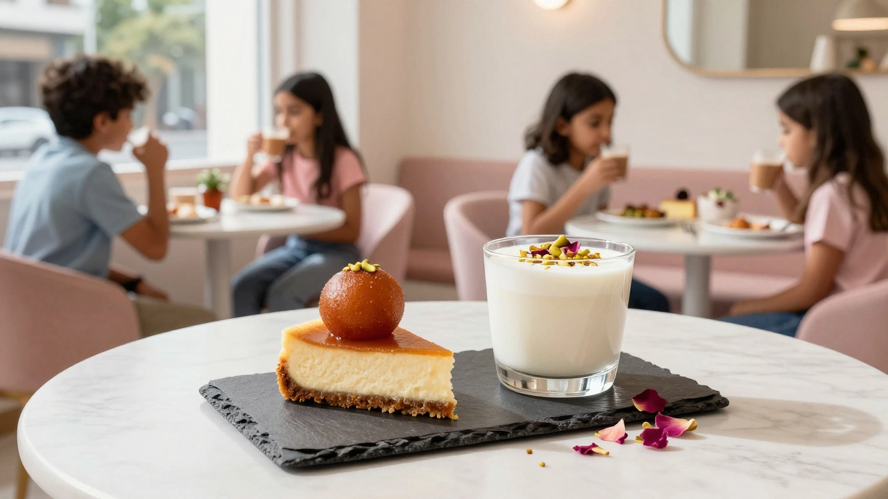 A modern dessert featuring gulab jamun cheesecake and chilled kheer with almond milk, served in a contemporary cafe.
