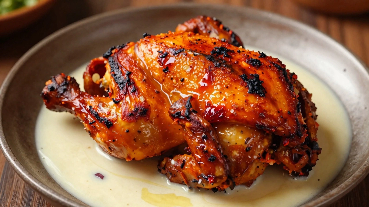 A single tandoori chicken piece with charred, uneven orange-red hue from natural chili pigment.