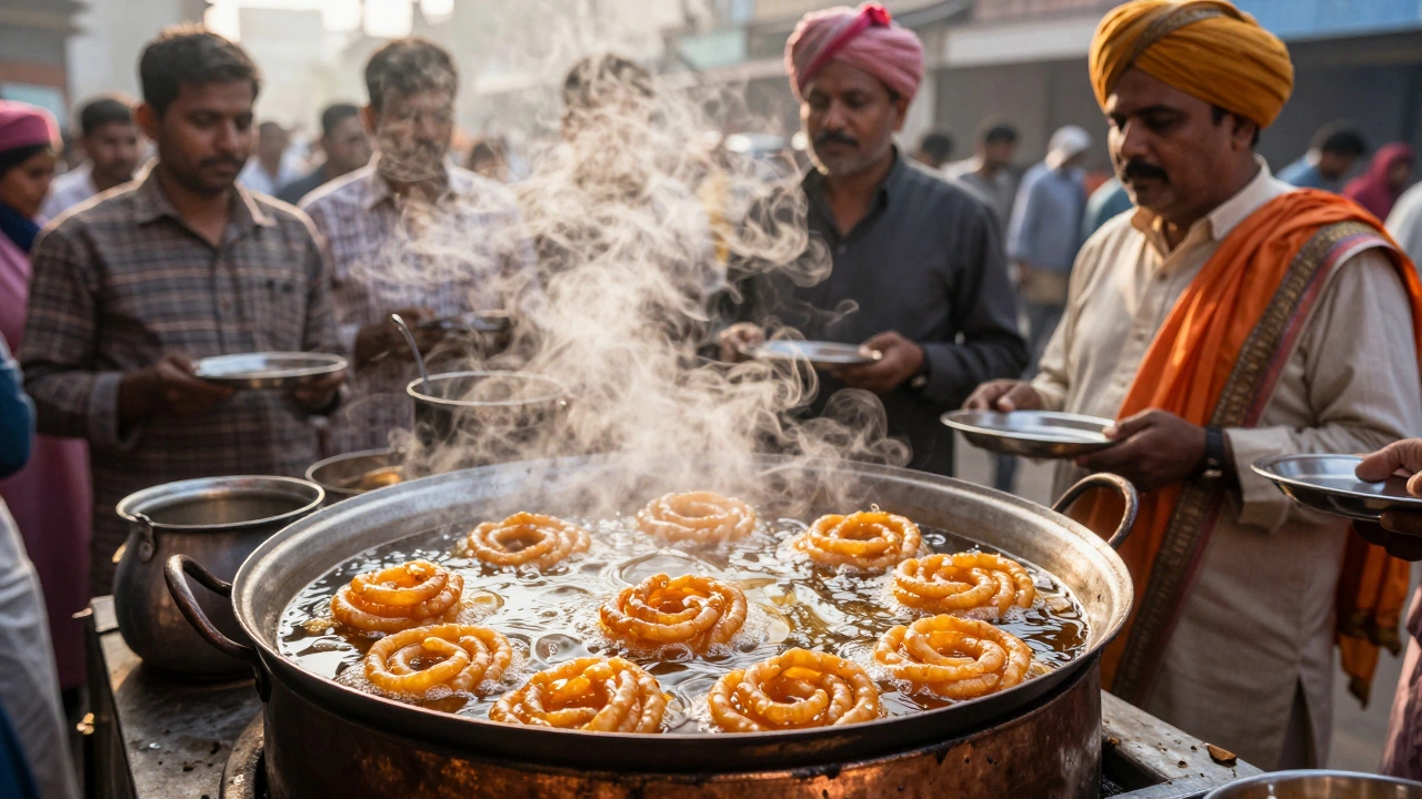 A street vendor frying jalebi at dawn in Lucknow, steam rising from hot syrup as customers wait with plates.