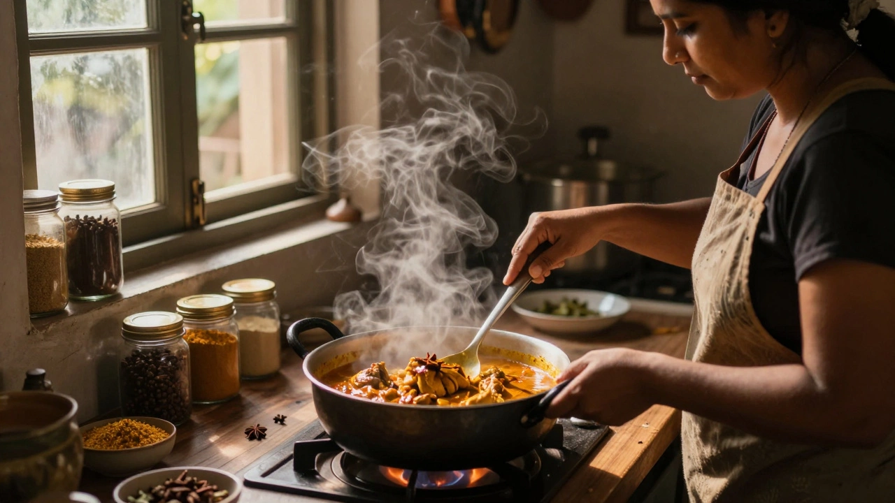 A woman stirring curry in a traditional Indian kitchen at dusk.
